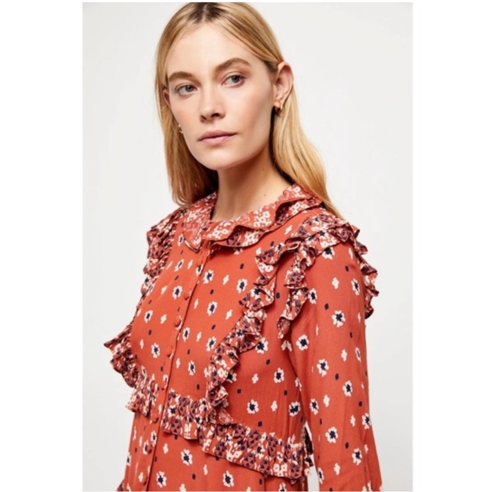Free People Rust Boho Printed Ruffle Longline Duster - Picture 14 of 16